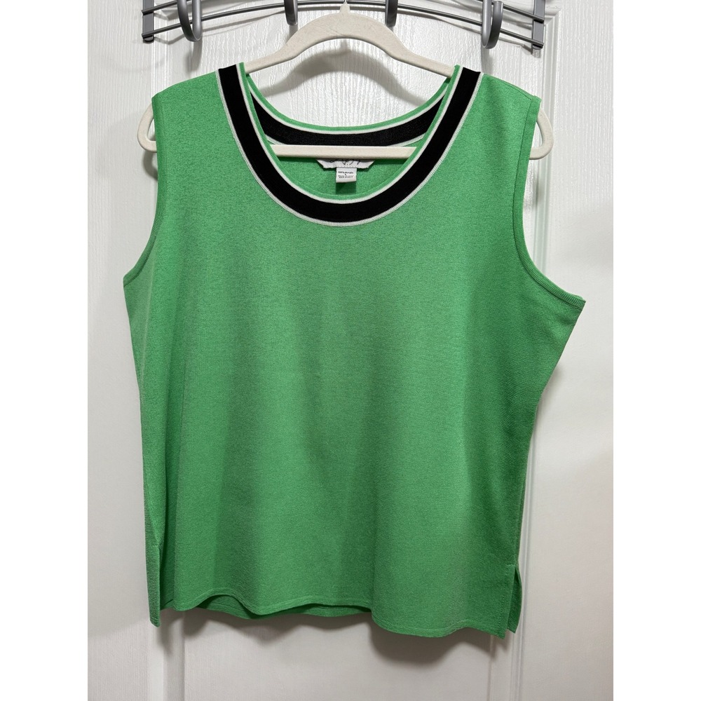 Ming Wang‎ Green Sleeveless Knit Shell Top Scoop Neck Striped Trim Large L